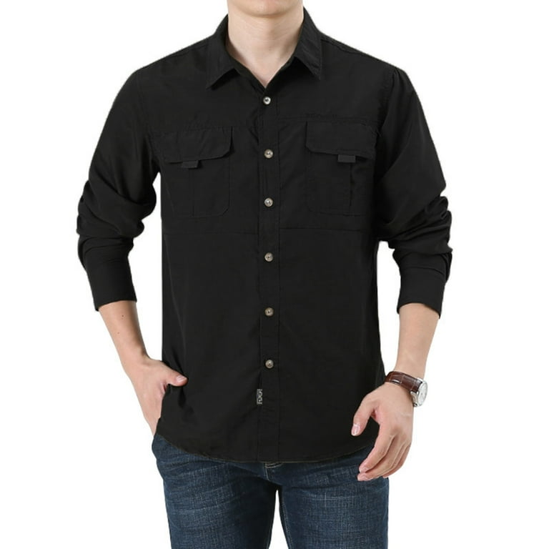 LYCAQL Mens Shirts Men's Fishing Shirts Long Sleeve Travel Work Shirts  Summer Button Shirts for Men Sleeve Bodysuit (Black, XL) 