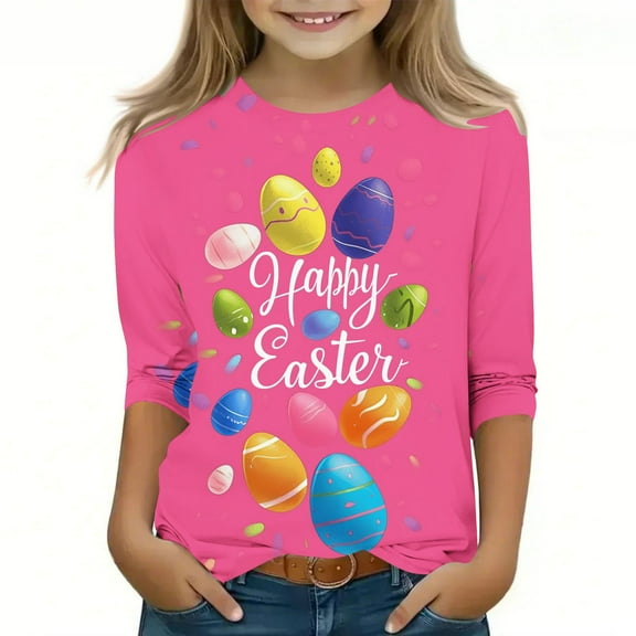 CFLVAEK Happy Easter T Shirts for Kids Girls Cute Easter Eggs Graphic Tees Casual 3/4 Sleeve Crewneck Holiday Shirts Easter Gifts Tops for Kids Red 7 Years
