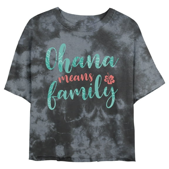 Junior's Lilo & Stitch Blue and Red Ohana means Family Graphic Crop T-Shirt Black/Charcoal X Large