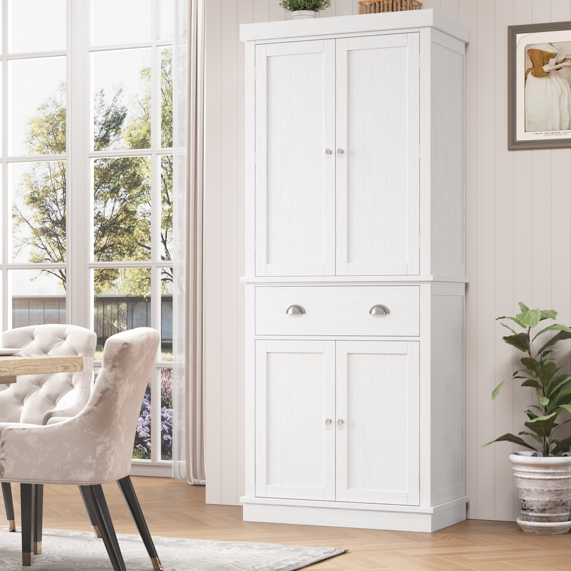 Homfa 72.4'' Tall Kitchen Pantry with 4 Doors, Large Drawer Shelves Wood Pantry Storage Cabinet for Dining Room Living Room, White