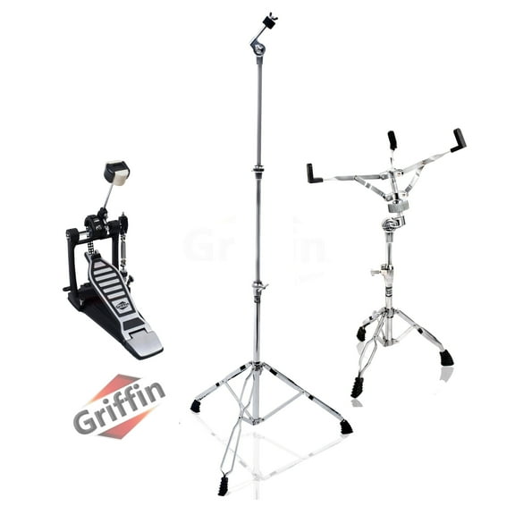 Drum Hardware Set 3 PACK by Griffin - Kick Drum Pedal, Snare Stand & Straight Cymbal Stand Deluxe Double Chain Full Steel Foot Pedal for Intense Play Slip-Proof Gear Tilter & Clamp Basket Holder