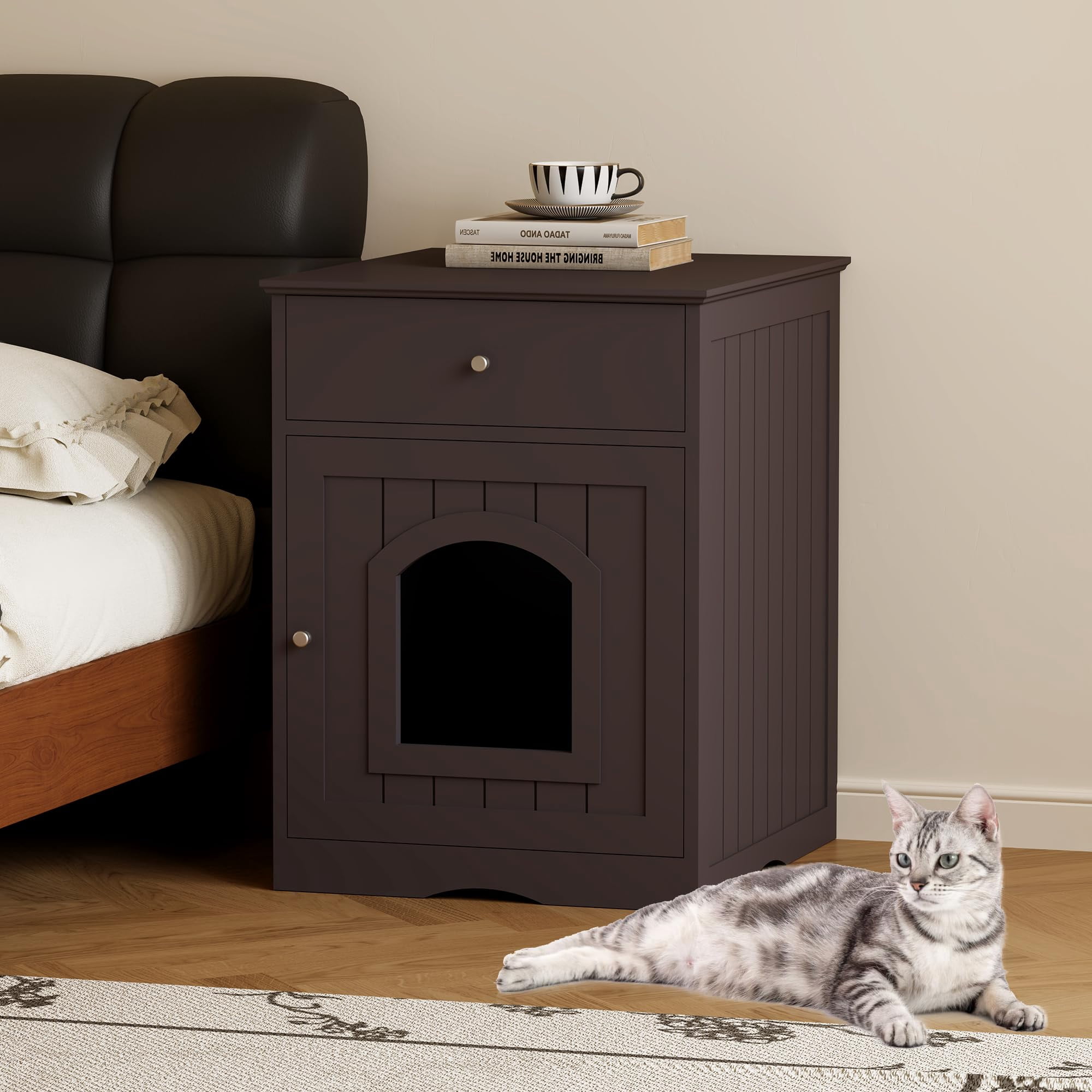 HOYOA 20" Cat House Covered for Indoor, Hidden Crate Litter Box Enclosure, Hooded Cats Furniture Cabinet Kitty Washroom, Brown