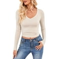 thumbnail image 2 of Long Sleeve Shirts for Women Fall Fashion V Neck Basics Crop Tops Slim Fitted Y2K Tops Outfits Clothes Oatmeal Color S, 2 of 9