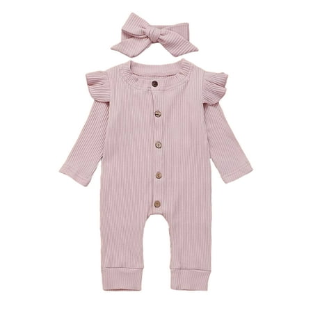 

elfinBE Baby Girl Solid Color Pit Strip Long Sleeve Romper And Headband 2PCs Set Outfits 3-24M