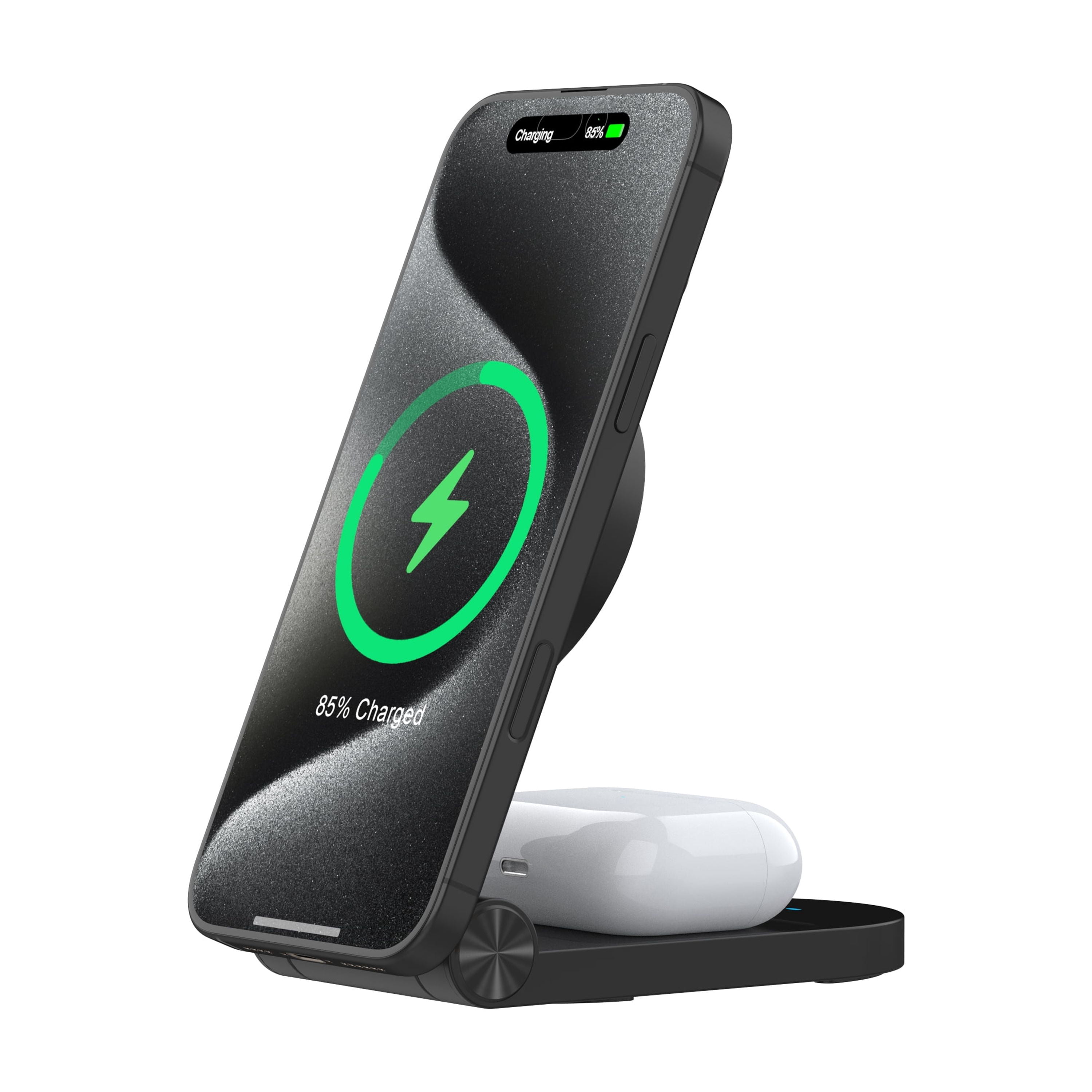 onn 2-in-1 Qi2.0 Wireless Charging Stand, Qi certified, fast charging, Black