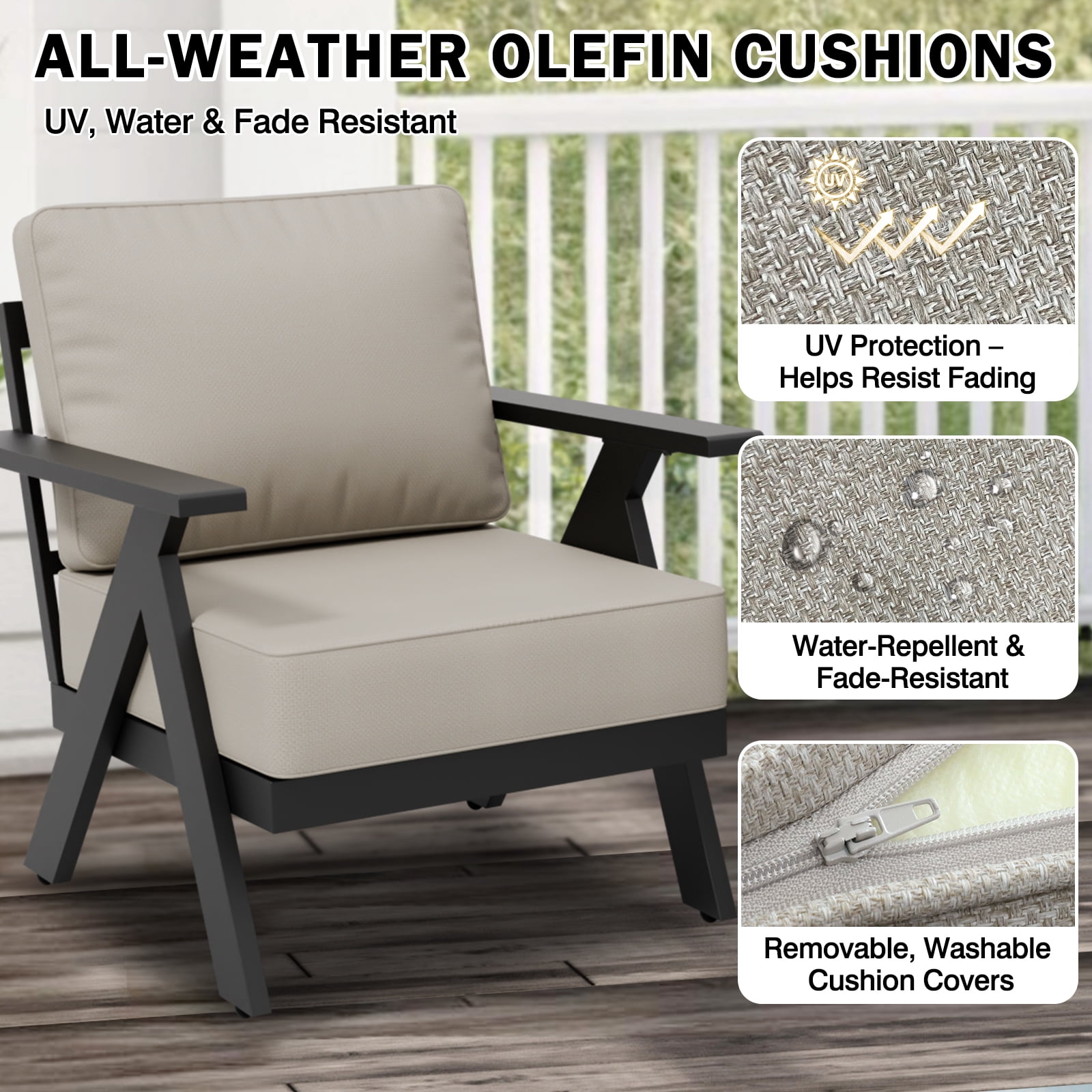 EAGLE PEAK Urban Slate Modern Patio Accent Chair Set of 2 with Thick Cushions，Black/Beige