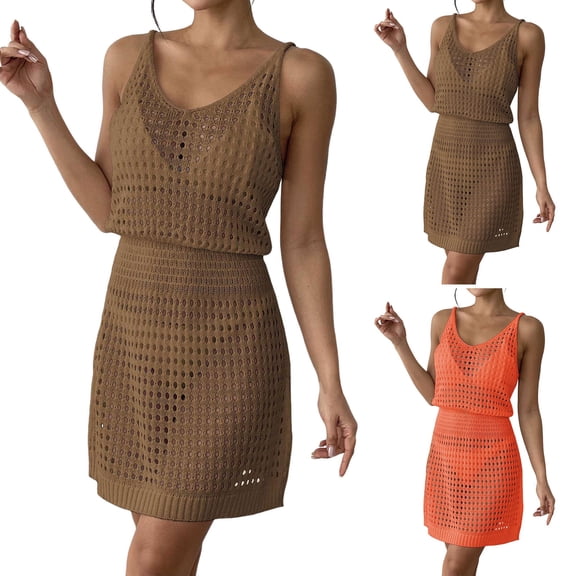 zaveiop Women's Crochet Cover up Hollow Out Bathing Suit Sleeveless Short Beach Cover up Dress 2026 (Orange, XL)