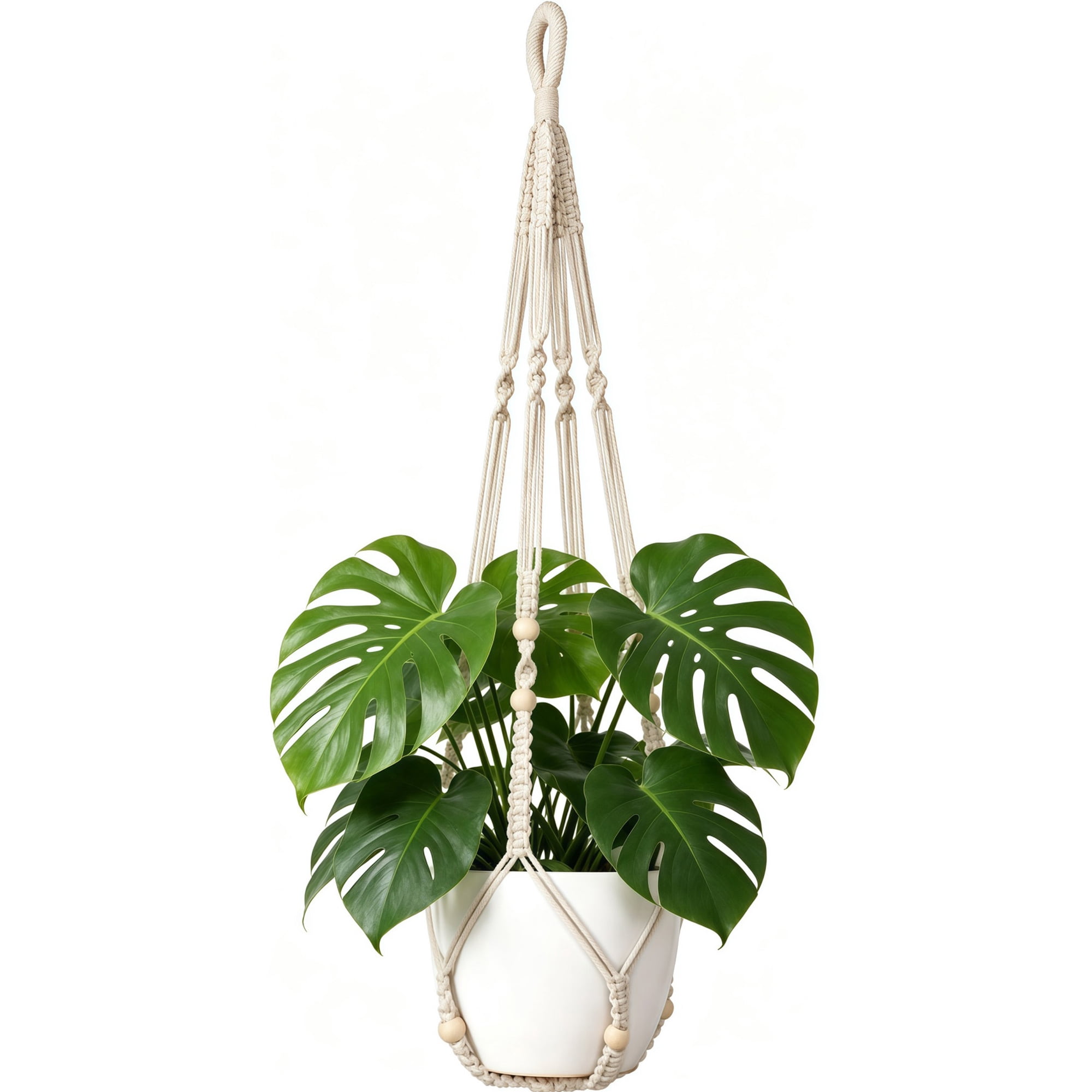 Macrame Plant Hanger Casewin Indoor Hanging Planter Basket with Wood Beads Decorative Flower Pot Holder No Tassels for Indoor Outdoor Boho Home Decor 35 Inch, Ivory