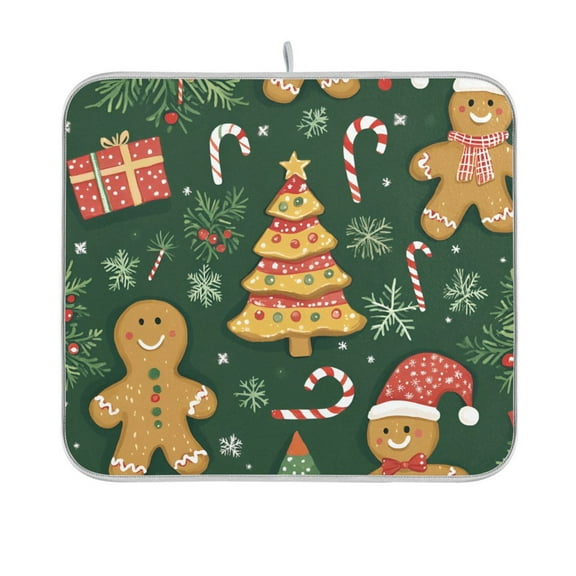 Yayeee Dish Drying Mat for Kitchen Counter 16"x18" Microfiber Absorbent Pad, Beige Christmas Gingerbread