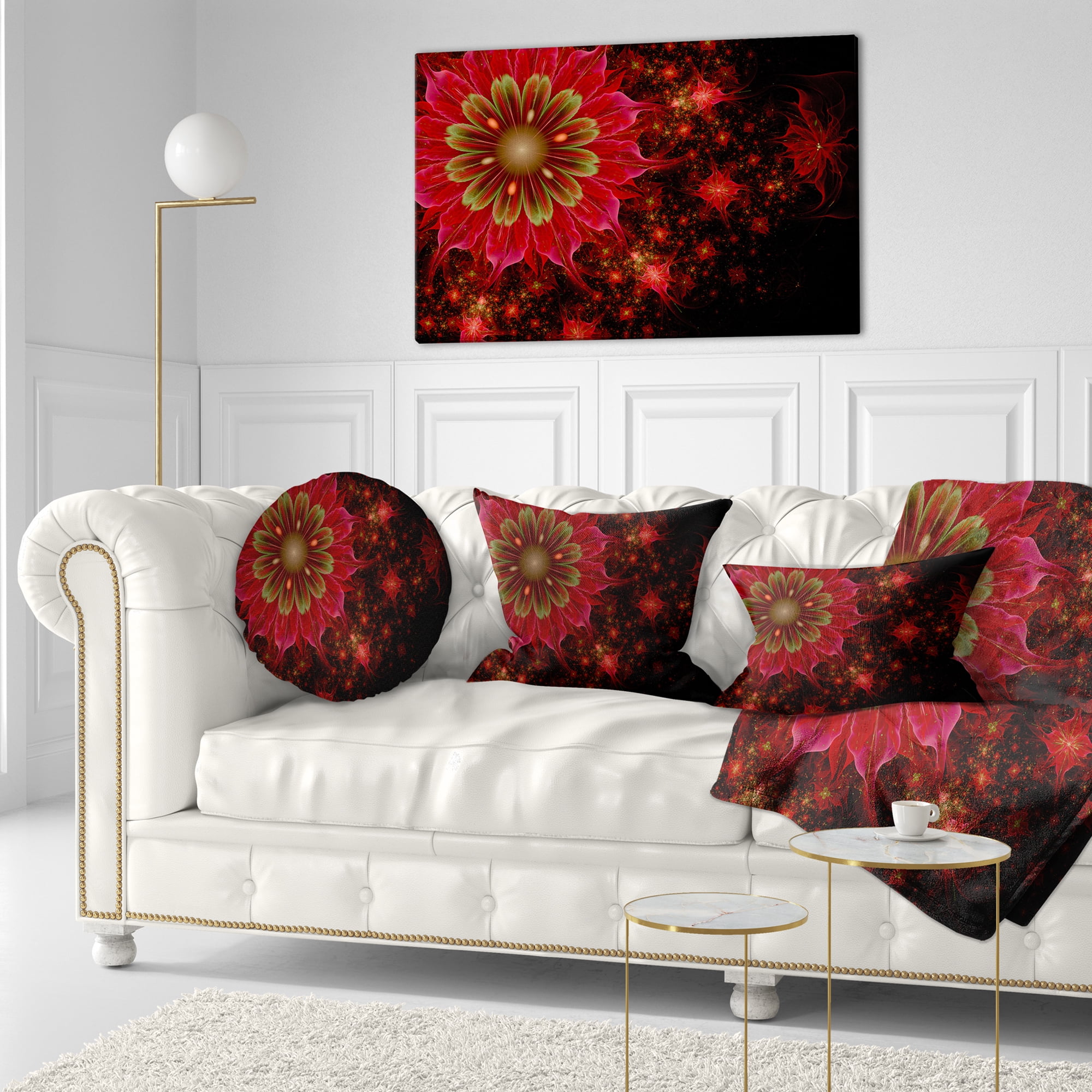 Designart Dark Red and Light Green Fractal Flowers - Abstract Throw Pillow - 12x20