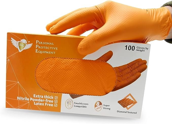 S&G Orange Nitrile Gloves Disposable Latex-Free 8Mil Thick Heavy Duty Powder-Free for Mechanics, Industrial |1000 Pcs | XL