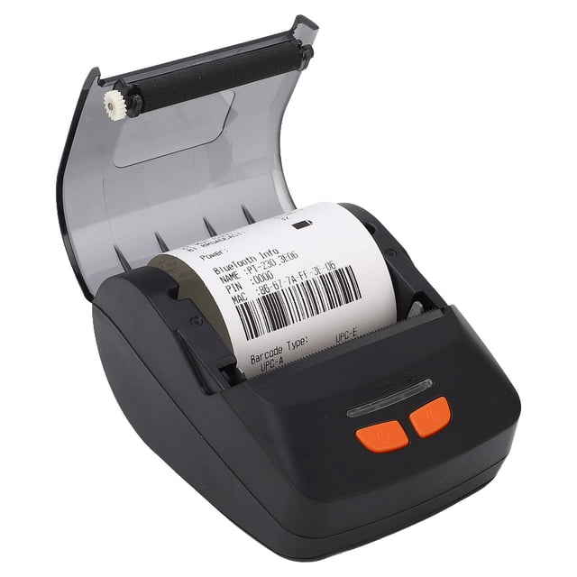 impresora térmica, compatibilidad impresora de etiquetas portátil tamaño compacto para impresión de texto de código de barras de pedido Vista 3/4 frontal de la impresora térmica portátil Anggrek PT 230, carcasa negra compacta con tapa transparente abierta que muestra rollo de etiquetas impreso en blanco y negro con código de barras; panel frontal con dos botones naranjas y ranura de salida; especificaciones clave visibles en ficha: 203 ppp y ancho de impresión ~48 mm, conexión USB y Bluetooth según especificación.