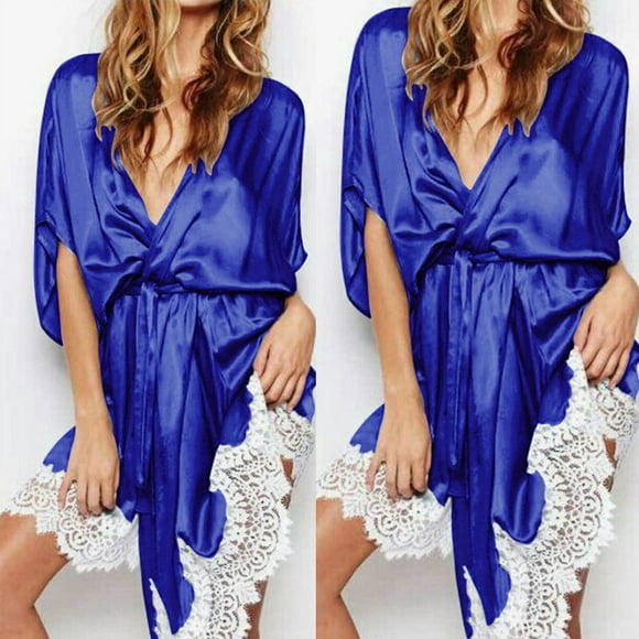 LSLJS Women Lace Silk Long Sleeve Pajamas Sleepwear Robe with Belt Bathrobe, Robes Gifts for Women
