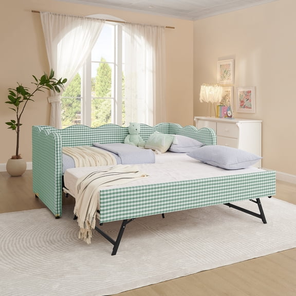 Cozy Gingham Daybed with Trundle Twin Size Sofa Bed No Box Spring – Linen, Wood, Solid Color, for Living Room