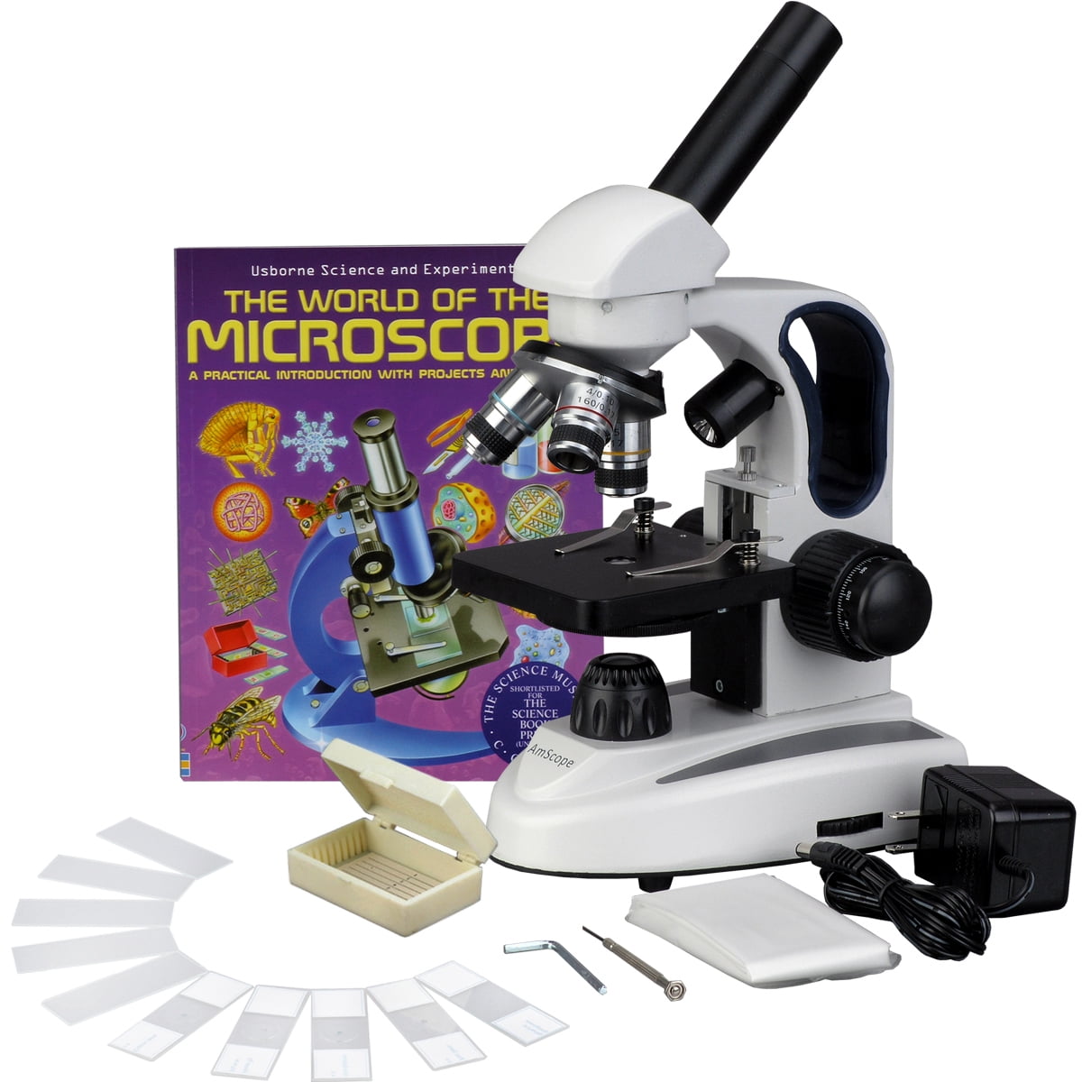 Microscopes AmScope 40X1000X Student C&F Cordless LED Compound Microscope w Metal Frame Glass