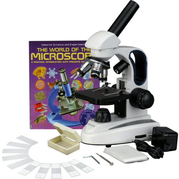 AmScope 40x-1000x LED Compound Microscope with Slide Kit and Book