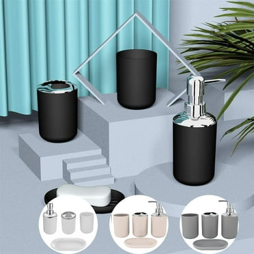 LiUMX 4-Piece Modern Bathroom Accessory Set | Includes Soap Dispenser Pump, Toothbrush Holder, Tumbler Cup & Soap Dish | Black or White PP Plastic | Hotel & Home Decor