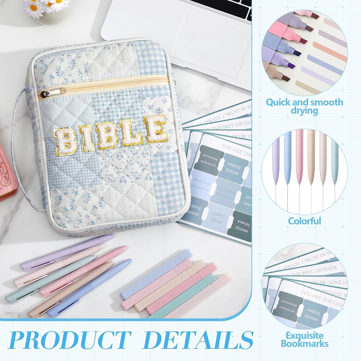 Quilted Bible Cover Case for Women Large Carrying Bag Book Tote Bags Bible Bag with Handle Bible Study Supplies Christian Gifts  for Church Religious with Organizer Tabs 6 Colored Pens 6 Highlighters