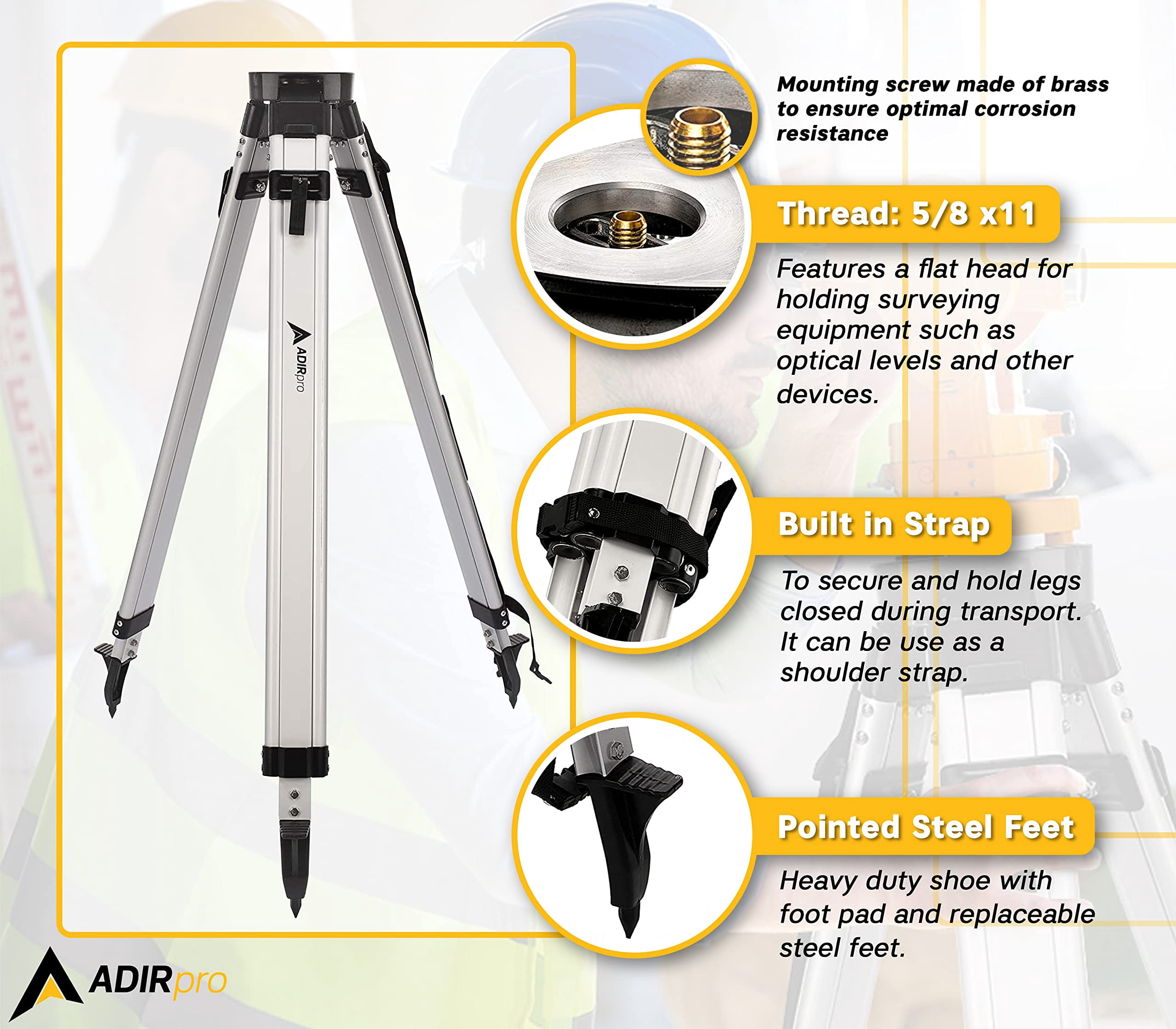 AdirPro Universal Survey Tripod – Laser Level Tripod – Transit Level Tripod - Quick Clamp - Heavy Duty Contractor Tripod 5/8” x 11” Thread (Black Aluminum)
