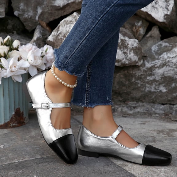 ZunFeo Womens Silver Toe Casual Flats Square Toe Color Block Mary Jane Shoes with Adjustable Ankle Strap for Women Size 5.5-9,Size 6.5