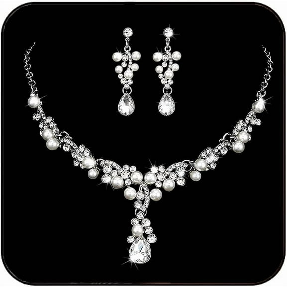 Bridal Necklace Set Costume Jewelry Sets Silver Crystal Jewelry and Earring Sets Pearl Wedding Jewelry for Bride and Bridesmaid
