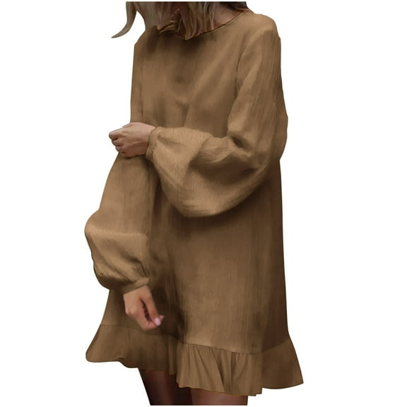 Womens Crew Vneck Neck Faux Linen Dress Lounge Button Dress for Women Long Sleeve Loose Fit Basic Midi Knee High Summer Fall Dress 2025 Soft Comfy Clothes