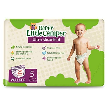 Happy Little Camper Natural Diapers  Disposable Cotton Baby Diapers with Aloe  Ultra-Absorbent  Hypoallergenic and Fragrance Free for Sensitive Skin  Size 5 (+27 lbs)  25 Count
