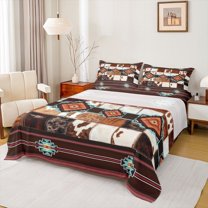 jejeloiu Vintage Cattle Hide Queen Sheet Sets,Rustic Western Aztec Flat Sheet,Boho Tribal Queen Fitted Sheet For Teens,Super Cozy Room Decor,4pcs
