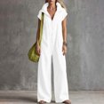 thumbnail image 5 of TEAJOPSUU Womens Cap Sleeve Collared Jumpsuits Zip Front Wide Leg Long Rompers with Pockets Turn Down Collar Summer Casual Daily Wear White, 5 of 6