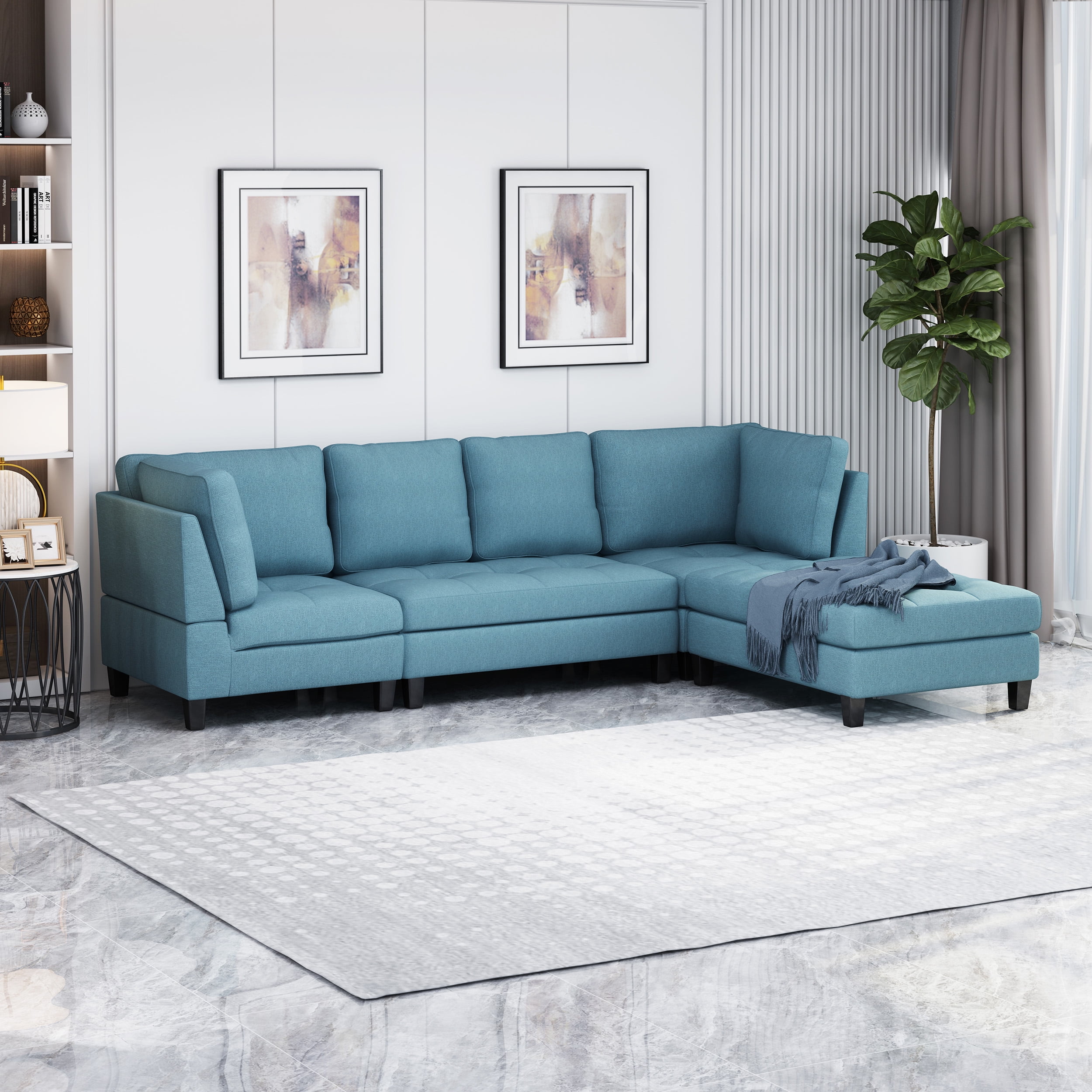 Noble House Tilden Contemporary Fabric Sectional Sofa with Ottoman ...