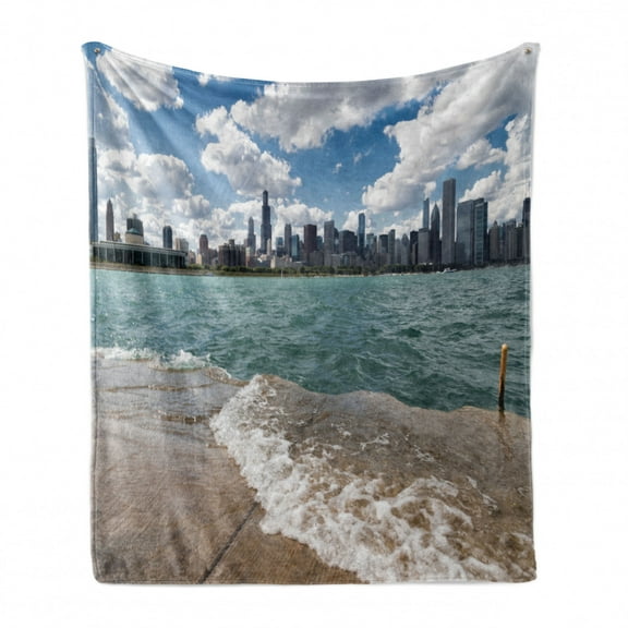 Illinois Soft Flannel Fleece Throw Blanket, Michigan Lake Chicago Scenery in a Cloudy Day Skyline Urban Modern Cityscape, Cozy Plush for Indoor and Outdoor Use, 60" x 80", Multicolour, by Ambesonne