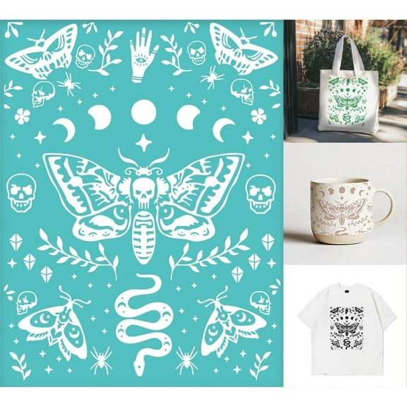 2 Sheets Butterfly Skull Silkscreen Stencil Insects Moon Moth Snake Painting Stencils Templates Reusable Self-Adhesive Silk Screen Printing for Wall Border Wood Fabric Home Decor