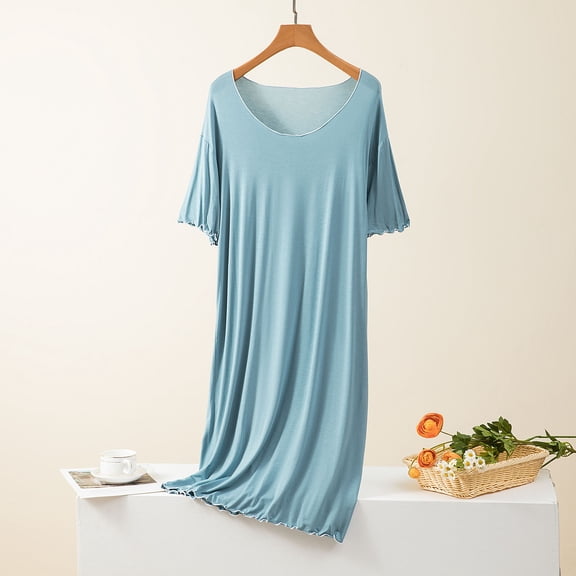 Naittoop Women's Soft Nightgown Frilly Sleep Dress Summer Short Sleeve Crewneck Comfy Midi Sleepwear