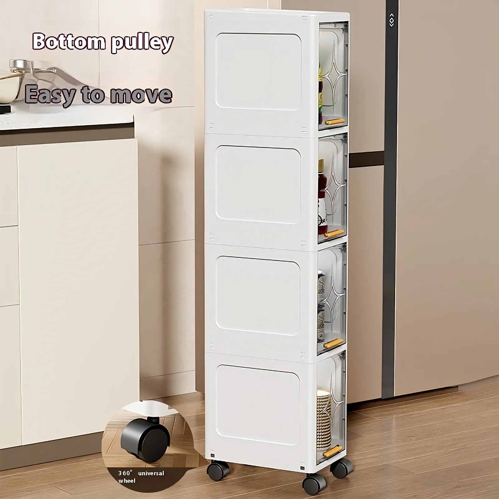 XHSGX 7.87" Slim Bathroom Storage Cabinet with Clear Doors, 4-Tier Tall Narrow Storage Cabinet for Small Space, Rolling Slim Storage Organizer, Easy Assembly, White