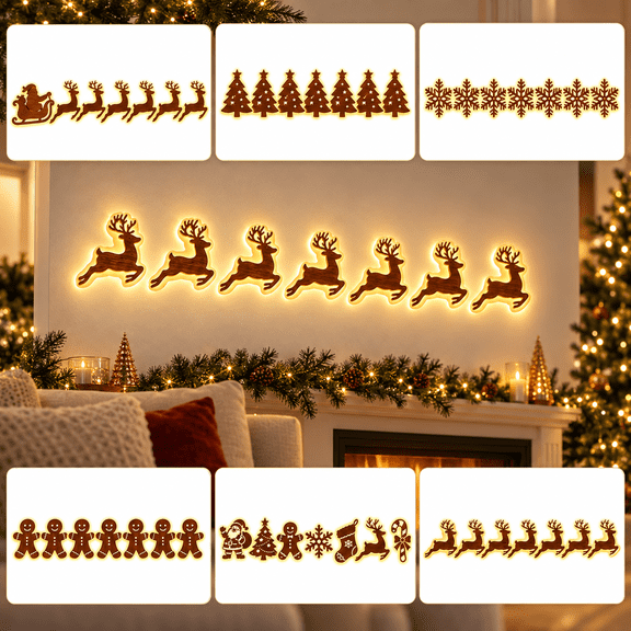 LED Christmas Wall Decorations, 7 Piece Glowing Christmas Decor, Gingerbread Man Theme for Indoor Home Window Entryway and Holiday Display