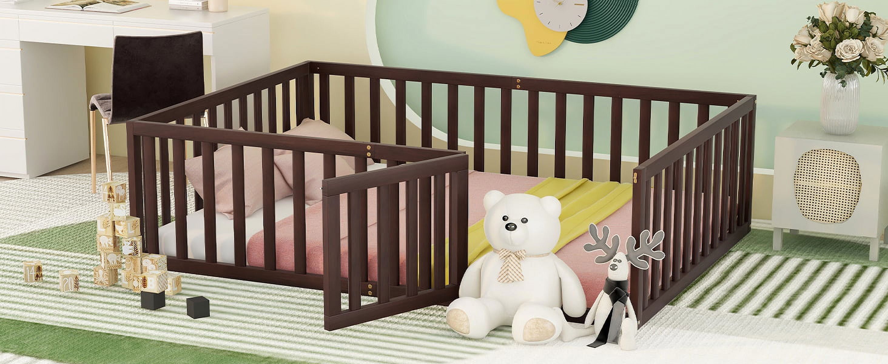 Mintazer Full Floor Bed with Guardrails & Hinged Gate Door, Montessori Toddler Floor Bed Frame for Kids, Walnut