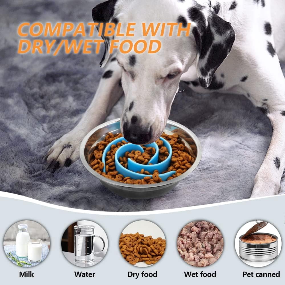 Slow Feeder Dog Bowls Insert,  Soft Silicone Slow Eating Dog Food Bowl for Small, Medium and Large Dogs, Compatible with Regular and Elevated Bowls Blue,XL