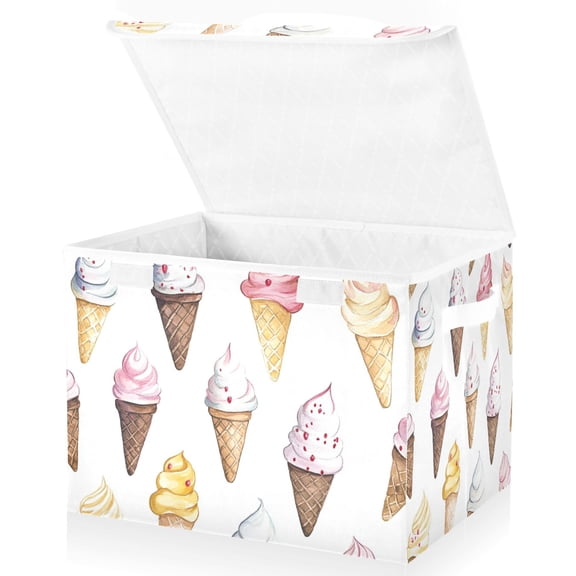 Yayeee Collapsible Storage Bin with Lid Fabric Closet Decorative Basket with Handles, Ice Cream Pattern