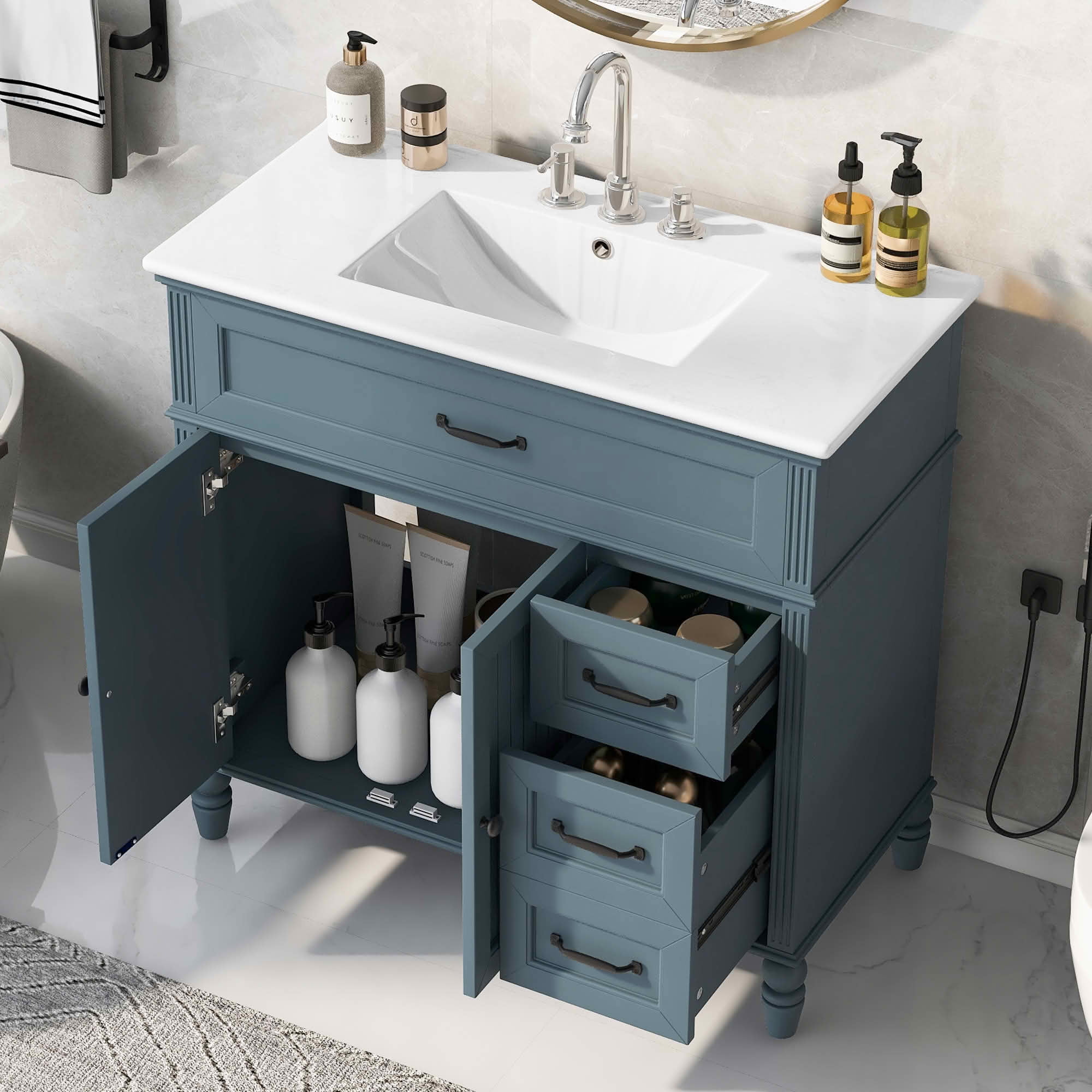MAYEERTY 36" Bathroom Vanity with Sink Blue Cabinet Drawers Solid Frame MDF One Package