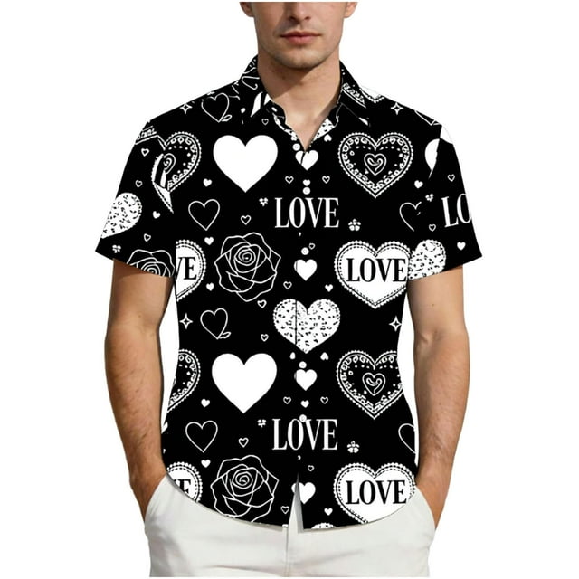 Chemise Unisexe à Manches Courtes avec Imprimé de la Saint-Valentin, Chemise Décontractée Boutonnée Assortie pour Couples avec Col Rabattu, Haut Graphique Coupe Régulière en Tissu Léger et Respirant pour Cadeaux des Fêtes et Sorties à Thème