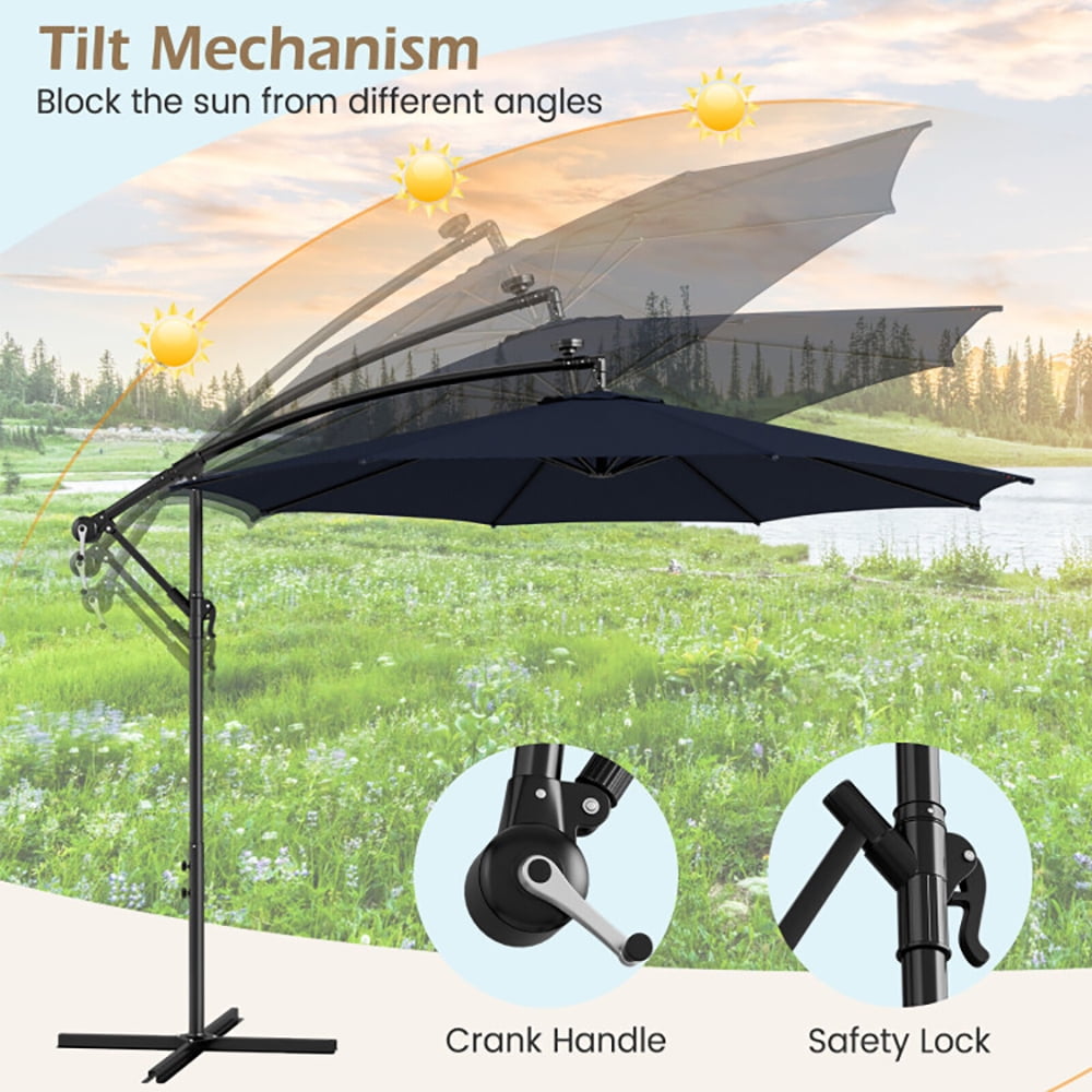 Aimee Lii 10 Feet Patio Offset Umbrella with 112 Solar-Powered LED Lights, Sunbrella Patio Umbrellas, Navy Aimee Lii 10 Feet Patio Offset Umbrella with 112 Solar-Powered LED Lights, Sunbrella Patio Umbrellas, Navy