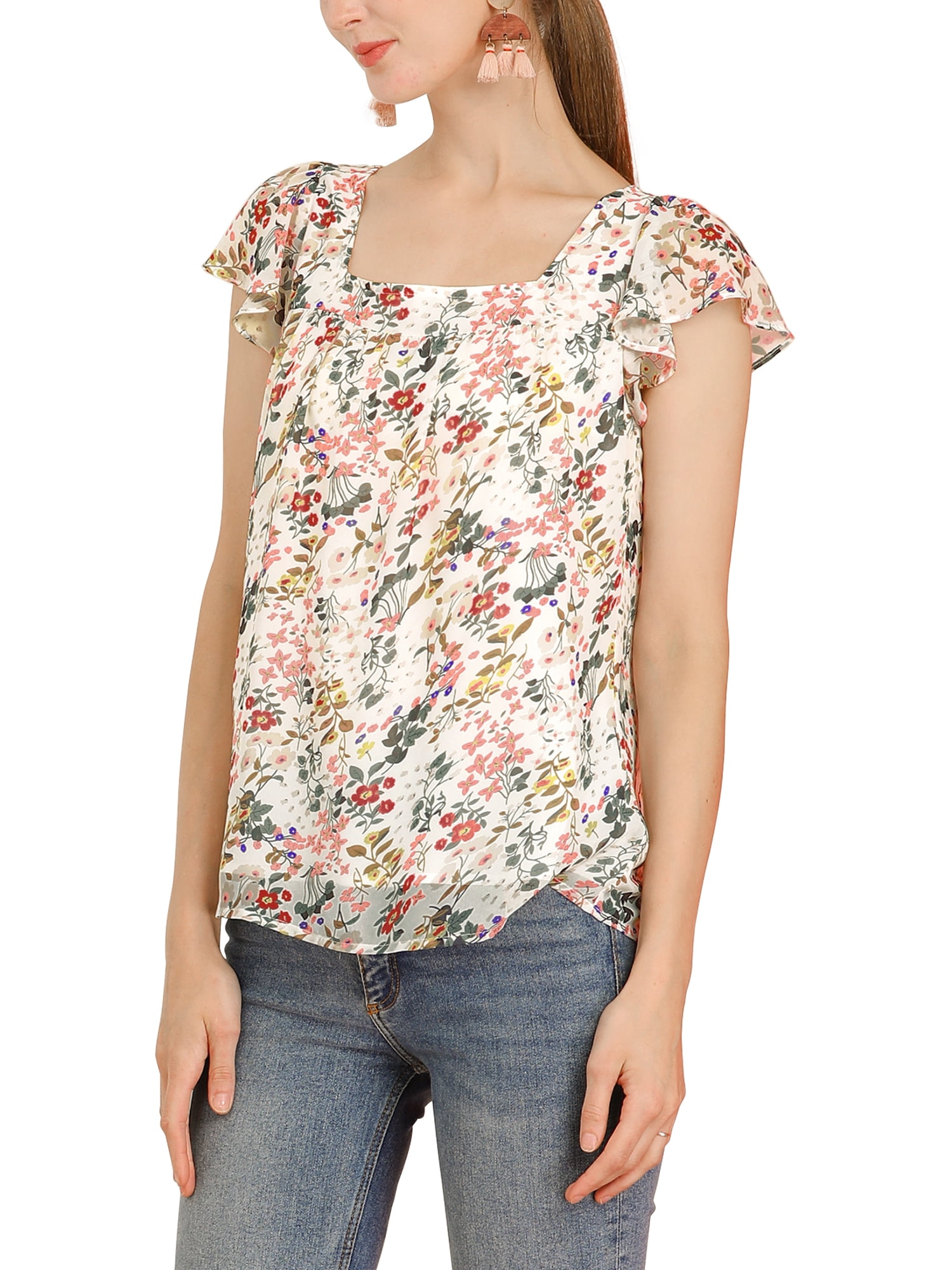 DARING DIVA Women's Floral Ruffle Sleeve Chiffon Blouse Top XS White