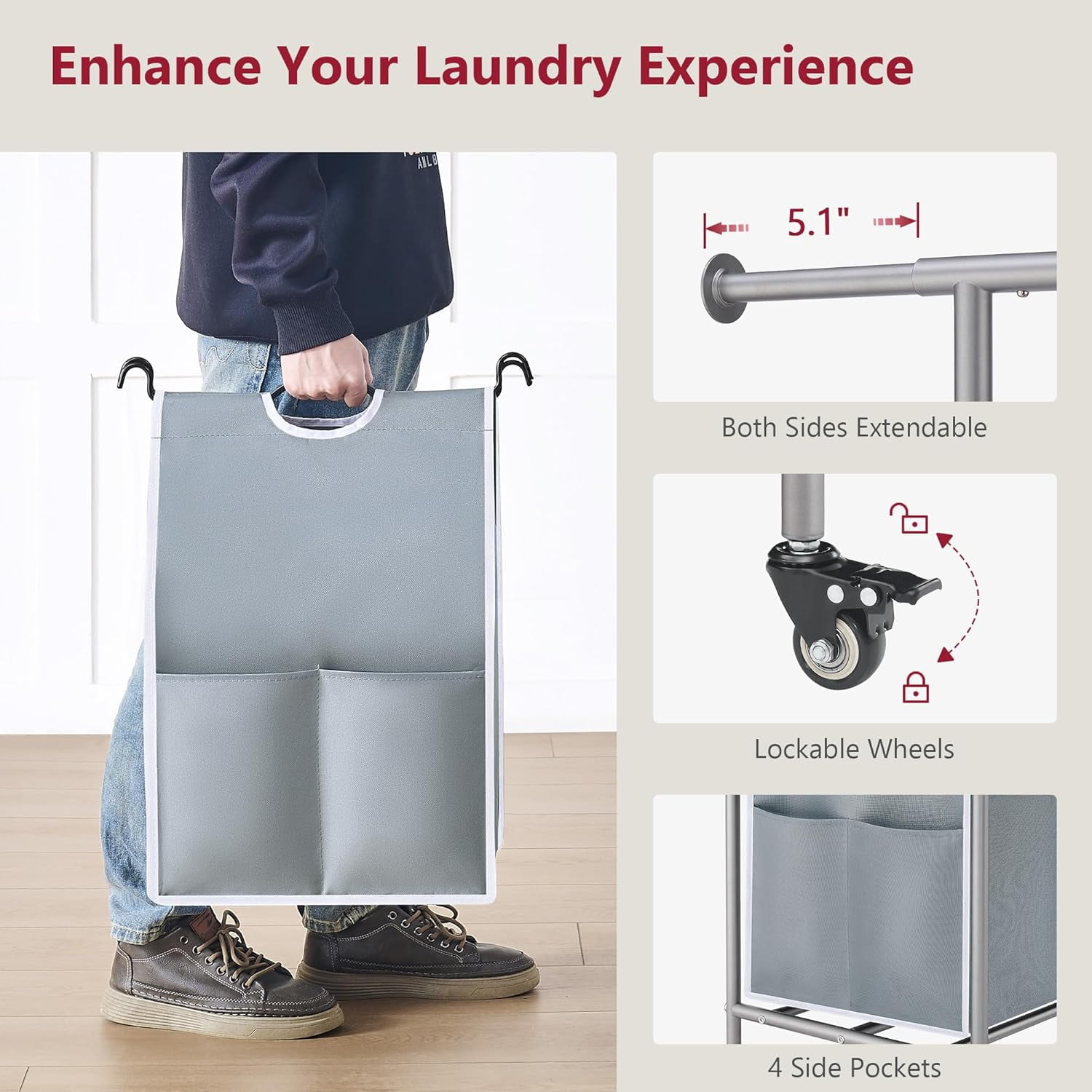 Laundry Sorter with Hanging Bar, 3 Section Rolling Laundry Hamper with Heavy Duty Lockable Wheels, Laundry Basket with Hanging Rack for Bedroom, 3 Gray