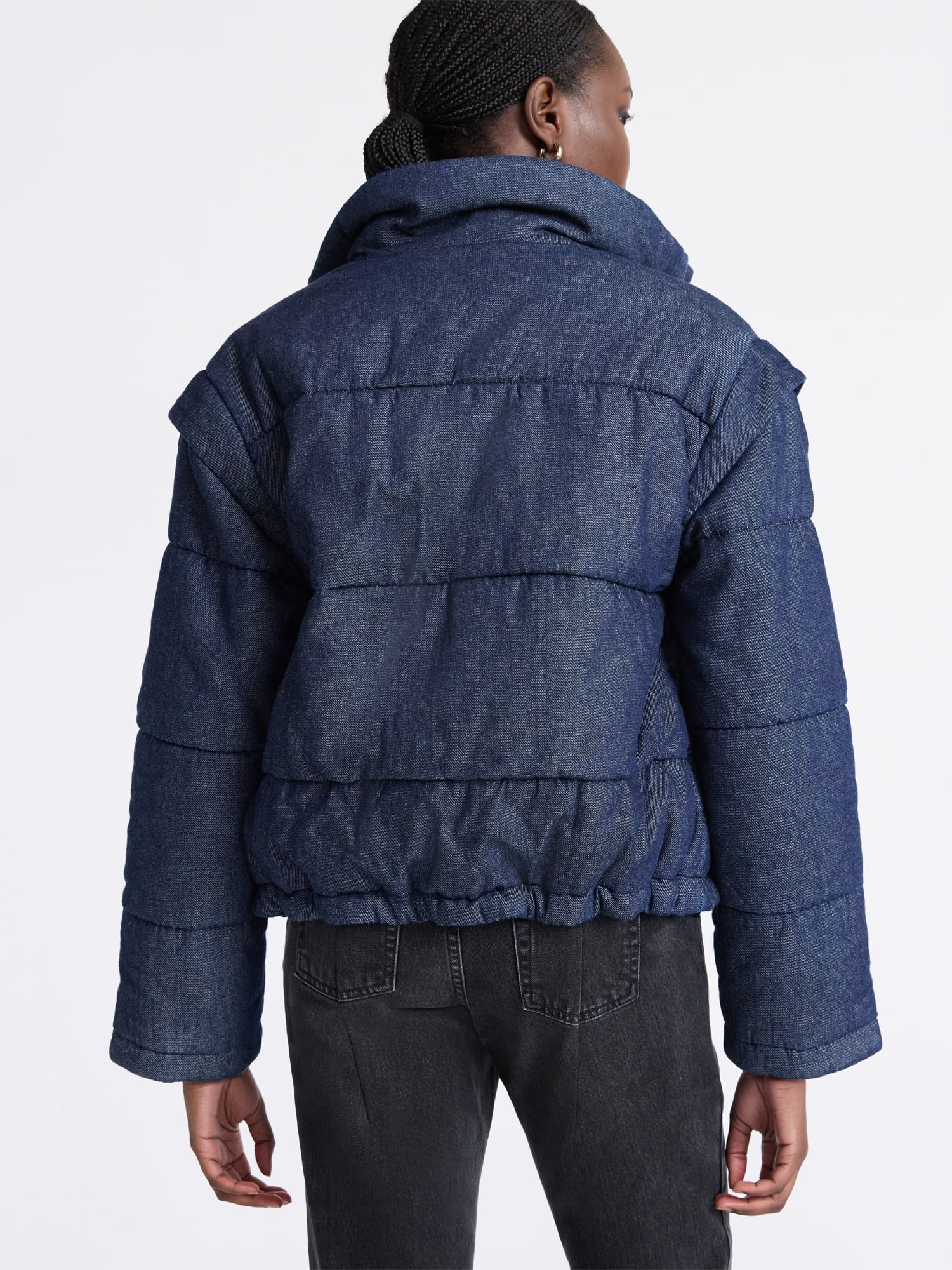 Free Assembly Women's and Women's Plus Short Denim Puffer Jacket, Sizes XS-4X