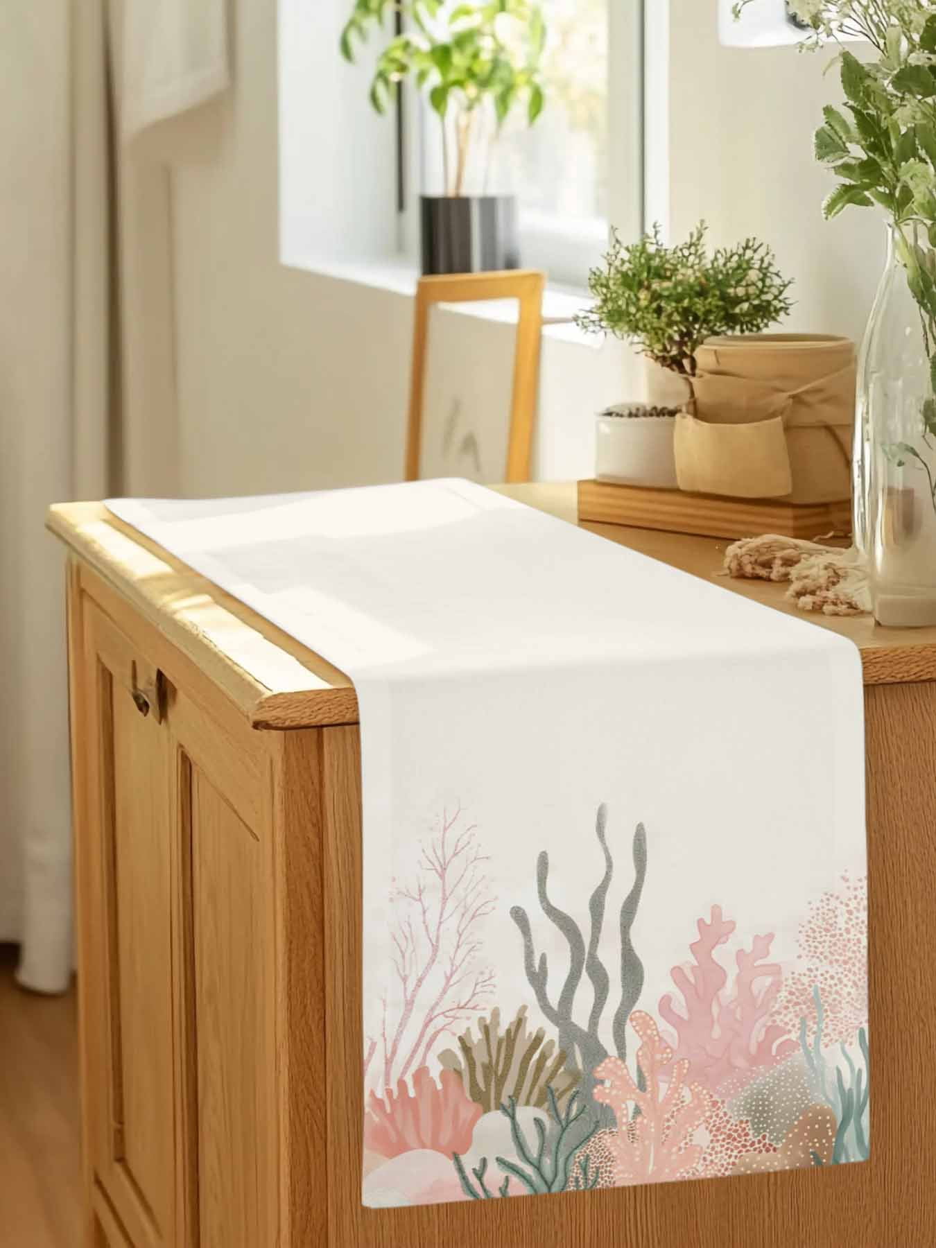 Watercolor Ocean Coral Table Runner 90 Inches Long, Abstract Marine Life Table Runners Tabletop Scarf Kitchen Dining Tables Decoration for Home Party Indoor Outdoor