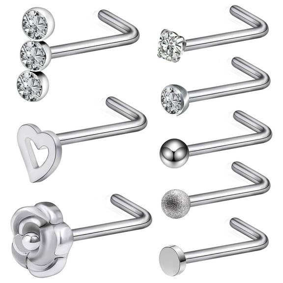 Designice 8 Pcs Nose Rings L Shaped Nose Studs Flower 20G Nose Screws Set Women Nose Piercing Jewelry