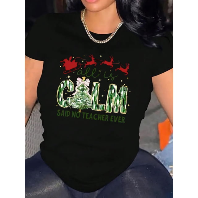 Camisetas de manga corta para mujer, cuello redondo, estampado floral, ajuste holgado, para verano, otoño 2025Creative Christmas-Themed Sleigh Pattern Print Women'S Trendy Round Neck Short Sleeve, S