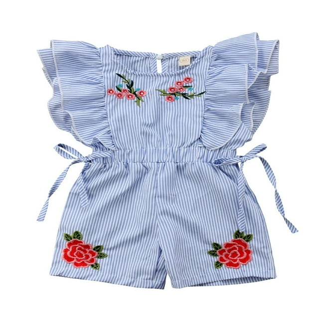 Newborn Baby Girl Flower Stripe Ruffle Sleeveless Romper Embroidery Jumpsuit Outfits Clothes
