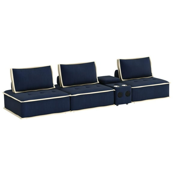 Pixie 4Pc Sectional Module Sofa/Speaker Console USB Storage/Blue/Cream Fabric