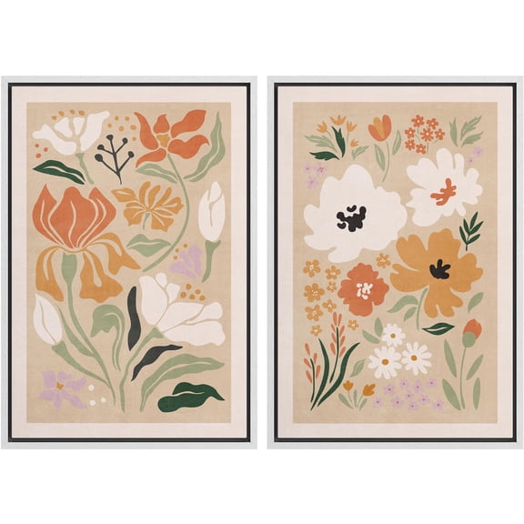 IDEA4WALL Framed Canvas Print Wall Art Set Mid-Century Gallery Abstract Pastel Flower Blossom Collage Fine Art Farmhouse/Country Wall Decor for Living Room, Bedroom, Office - 24"x36"x2 White